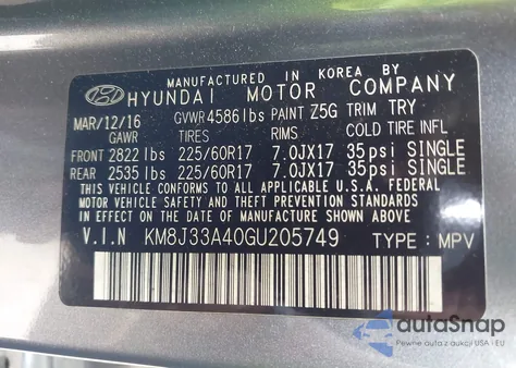 2016 Hyundai Tucson Se from USA, damaged, VIN KM8J33A40GU205749